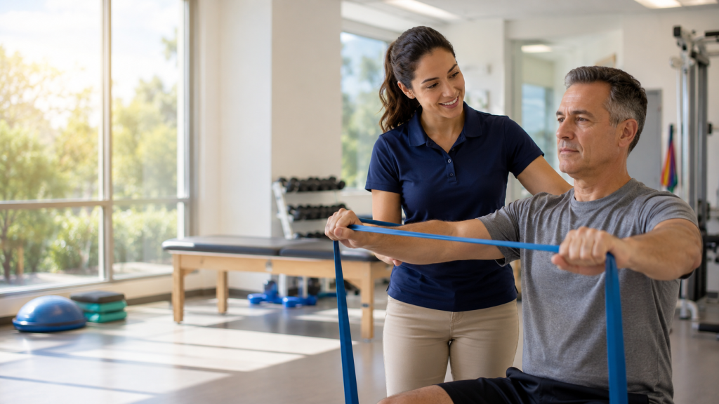 New grad physical therapist jobs: a first-year PT treating a patient in an outpatient clinic after passing the NPTE