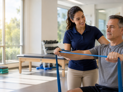 New grad physical therapist jobs: a first-year PT treating a patient in an outpatient clinic after passing the NPTE