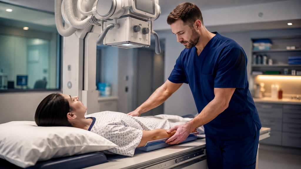 Radiologic technologist salary guide: a rad tech positioning a patient for an X-ray in a hospital imaging suite