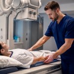 Radiologic technologist salary guide: a rad tech positioning a patient for an X-ray in a hospital imaging suite