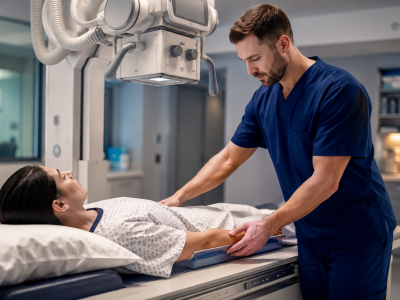 Radiologic technologist salary guide: a rad tech positioning a patient for an X-ray in a hospital imaging suite