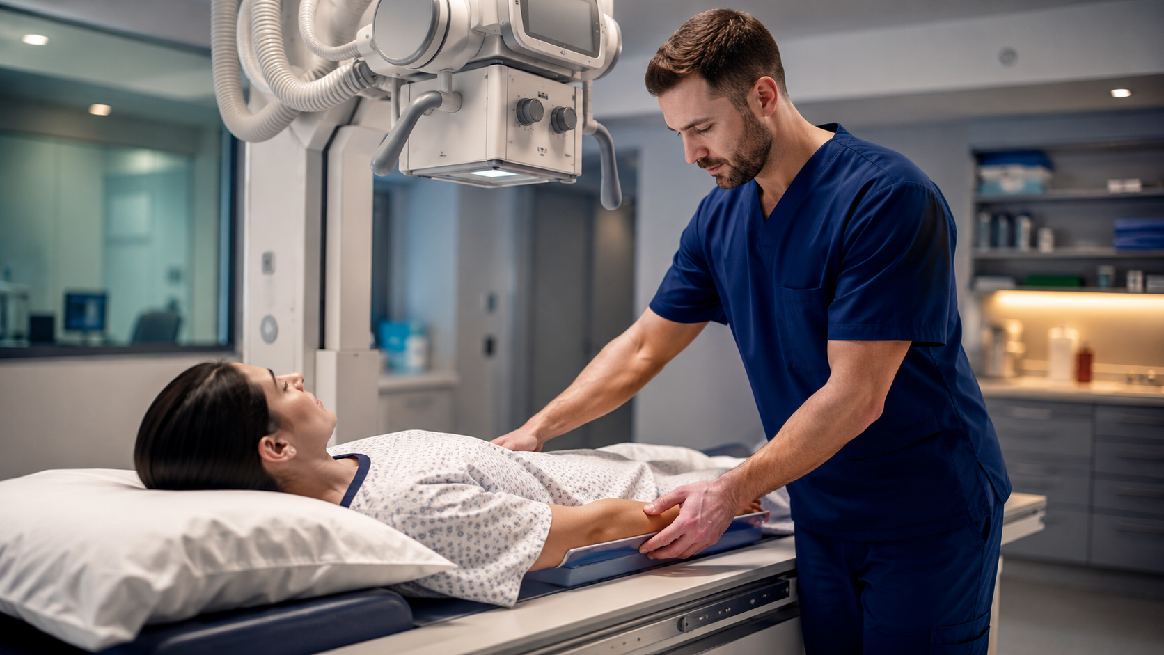 Radiologic technologist salary guide: a rad tech positioning a patient for an X-ray in a hospital imaging suite