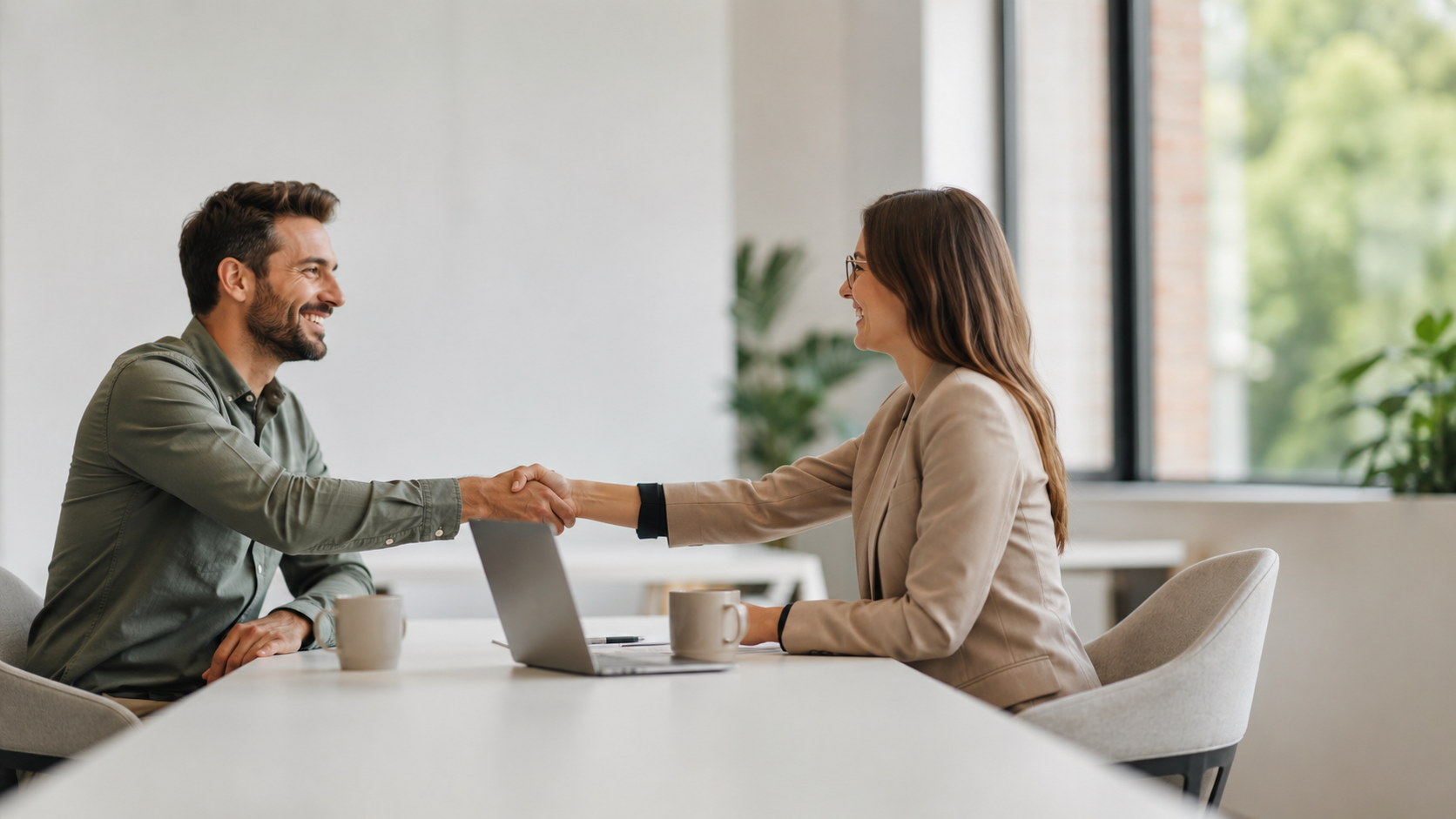Independent recruiter and staffing firm partner shaking hands over a split fee recruiting agreement